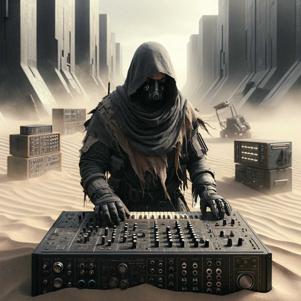 man in dark futuristic suit operates synthesizer keyboard kneeling on desert sand with futuristic equipment around him and grey monolithic buildings in background