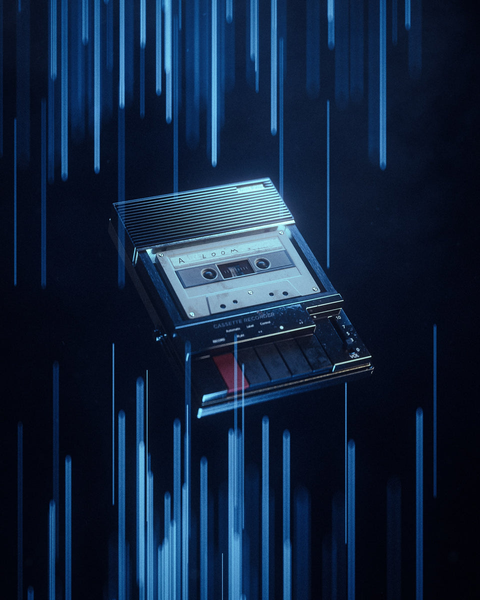 Vintage Cassette Recorder Ascending Hovering blue light glowing stripes