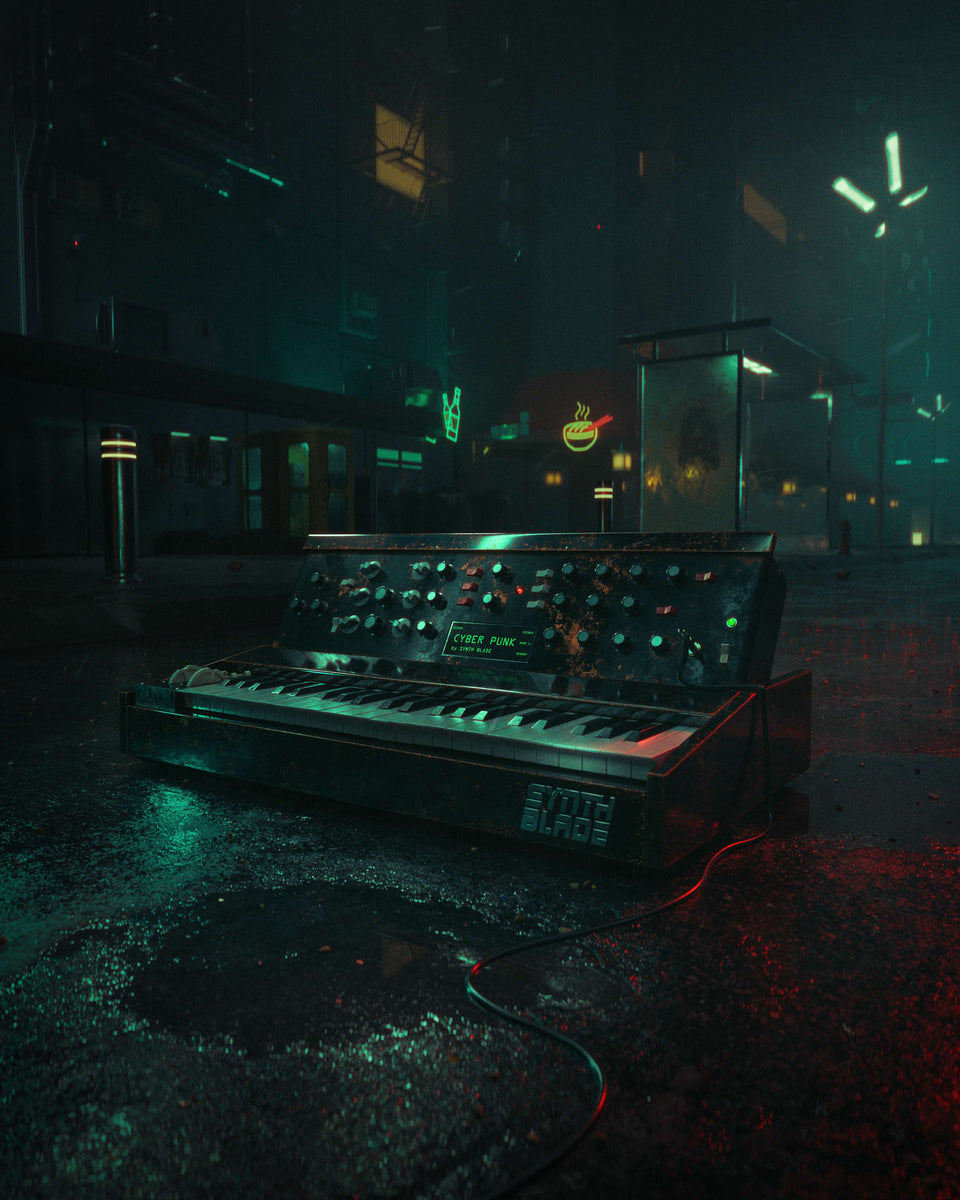 Analog Synth in Foggy Cyberpunk Street Night Cyan Red Lights