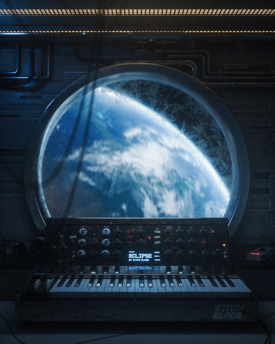 Synth Analog Keyboard Blue Display Knobs Space Station Cables Pipes Yellow Lights Window Earth Planet
