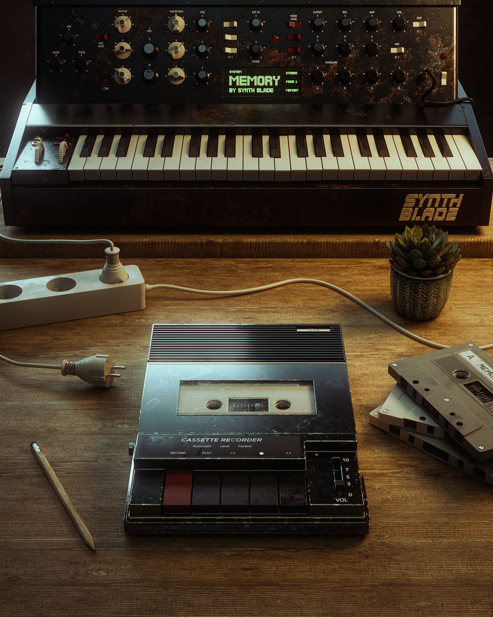 Cassette Recorder Metal Retro Cassettes Pencil Wood Table Synth Analog Keyboard Green Old Display Power Outlet Box Plant