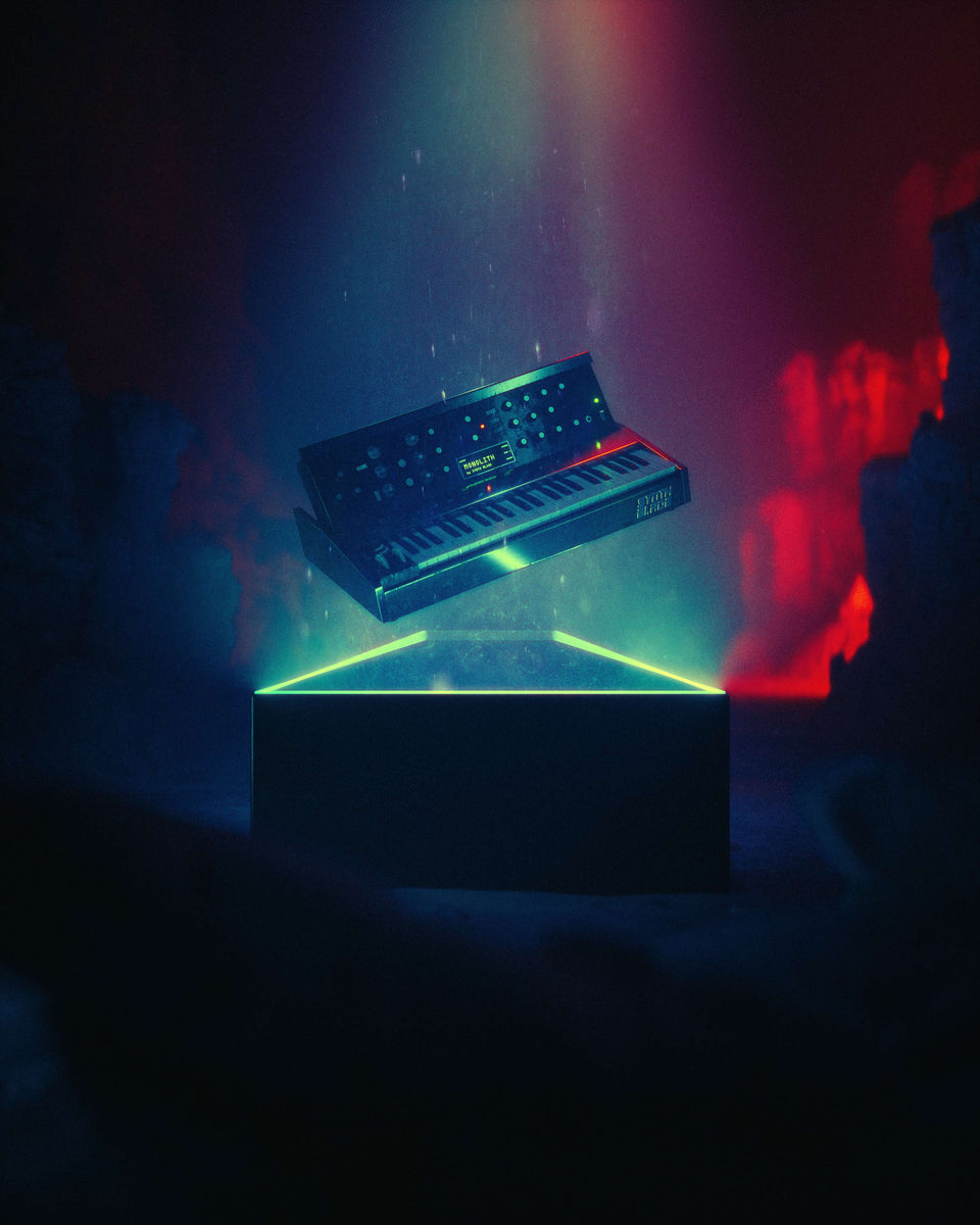 Synthesizer Vintage Keyboard Floating Black Monolith Neon Light Glowing Cave Red Blue Fog Particles